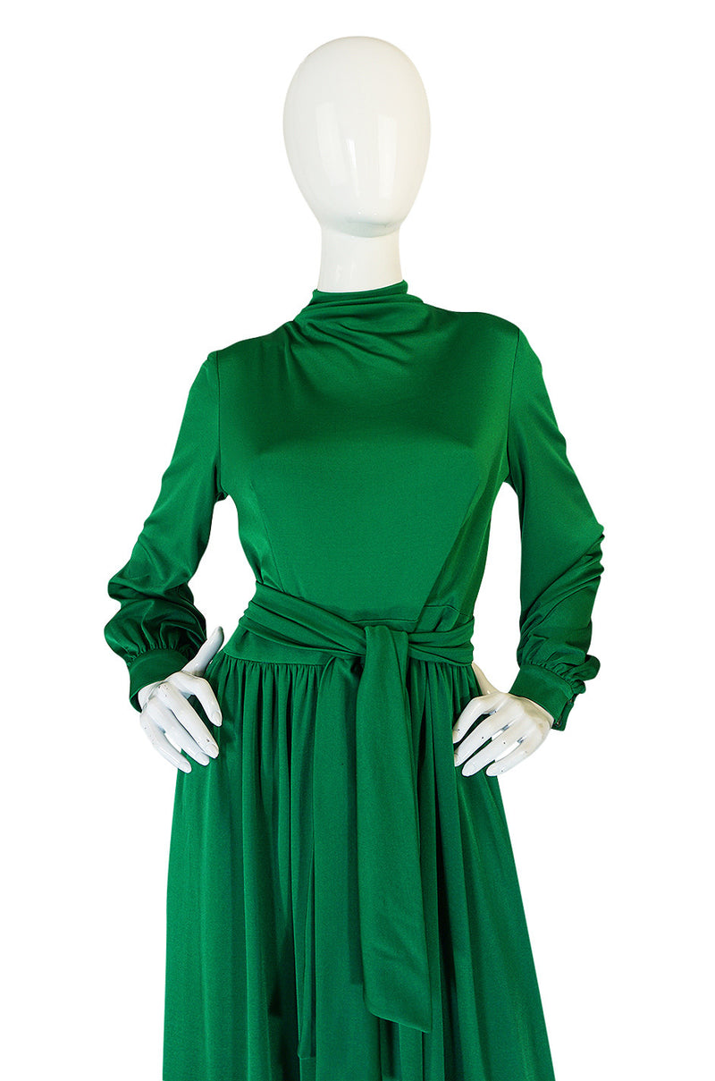 1970s Silk Jersey Emerald Green La Mendola Maxi Dress