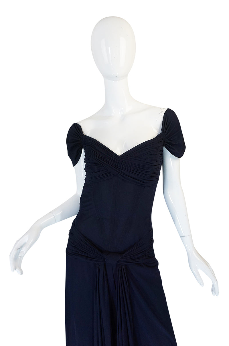 1980s Vicky Tiel Couture Fine Navy Net Draped Corset Dress