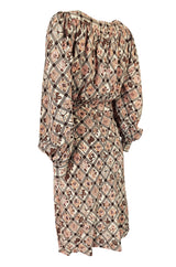 Prettiest 1970s Emanuel Ungaro Haute Couture Full Sleeved Floral & Lattice Printed Silk Dress