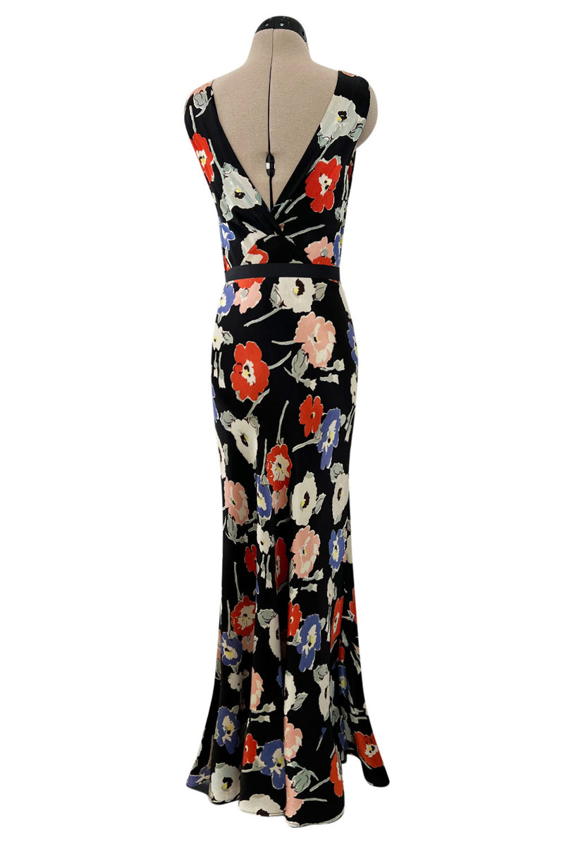 Beautiful 1930s Bias Cut Heavy Silk Satin Floral Print Dress w Scalloped Edged Jacket