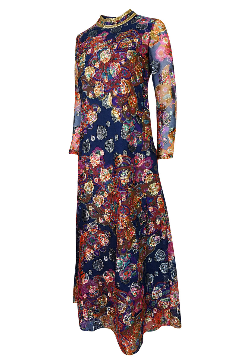 1960s B Cohen Gold Hearts & Blue Floral Print Organza Dress