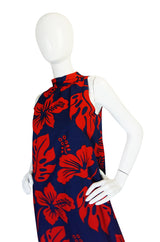 1960s Red & Blue Cotton Hawaiian Maxi Dress