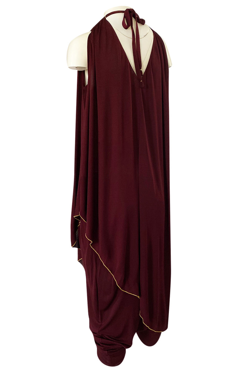 1970s Holly's Harp Deep Burgundy & Gold Silk Jersey Dress w Harem Pant Set
