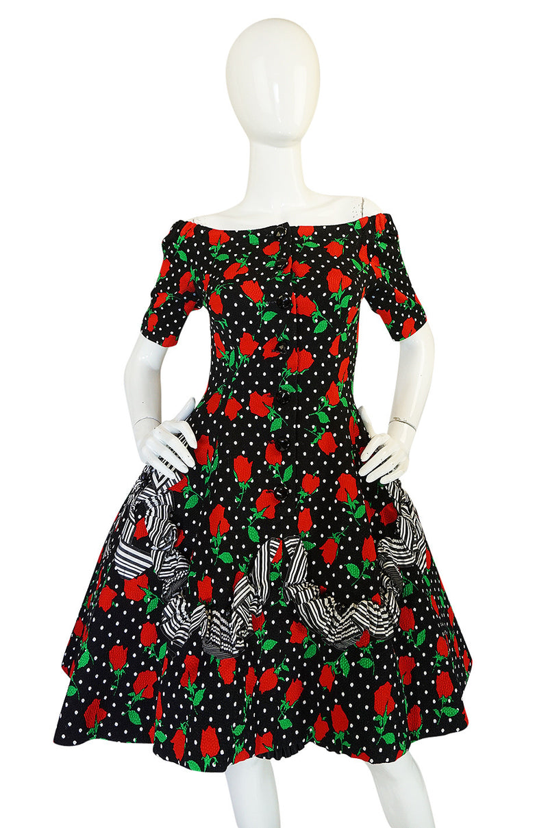 Spring 1988 Off Shoulder Christian Lacroix Floral Dress