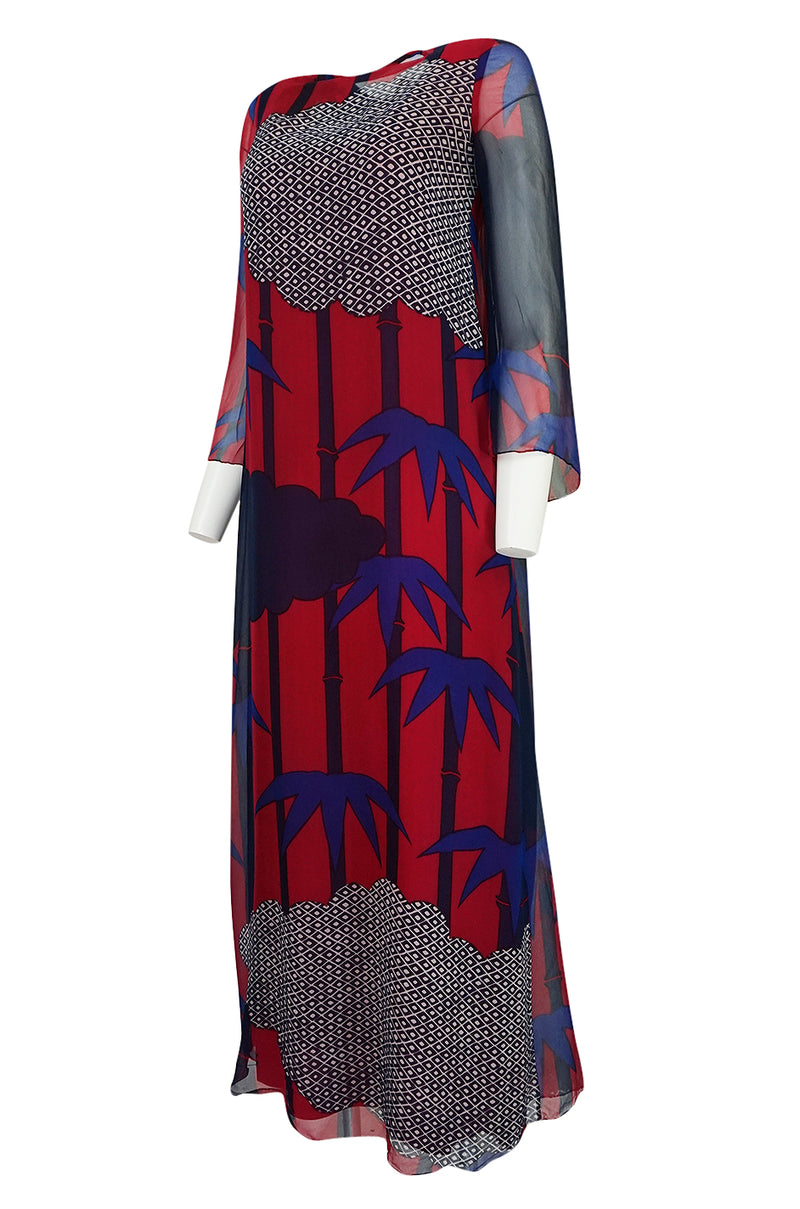 1970s Hanae Mori Silk Chiffon Beautifully Printed Caftan Dress
