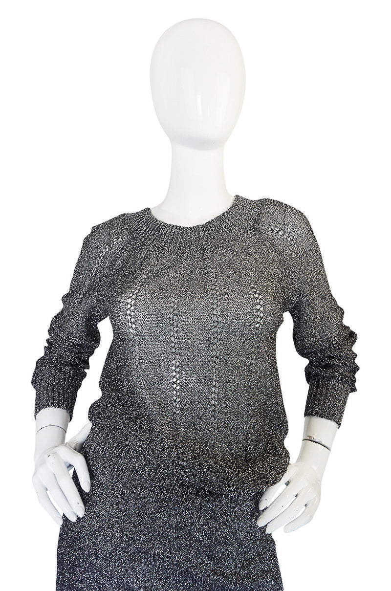 1960s Gunn Trigere Silver Metallic Knit Top & Skirt Set