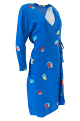 Resort 1980 Halston Abstract Print Blue Silk Wrap Day Dress