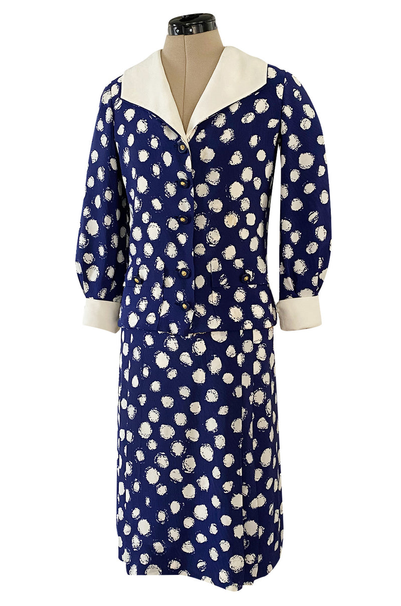 Spring 1977 Chanel Haute Couture Blue & White Silk Suit w Removable Collar
