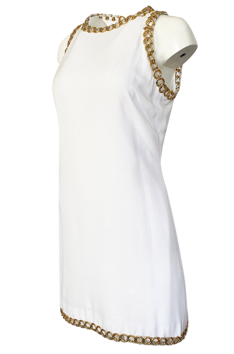 Early 1980s Paco Rabanne White Dress w Gold Metal Loop Detailing