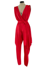 1980s Cattani Plunge Frint and Back Red Jersey Jumpsuit w Draped Legs