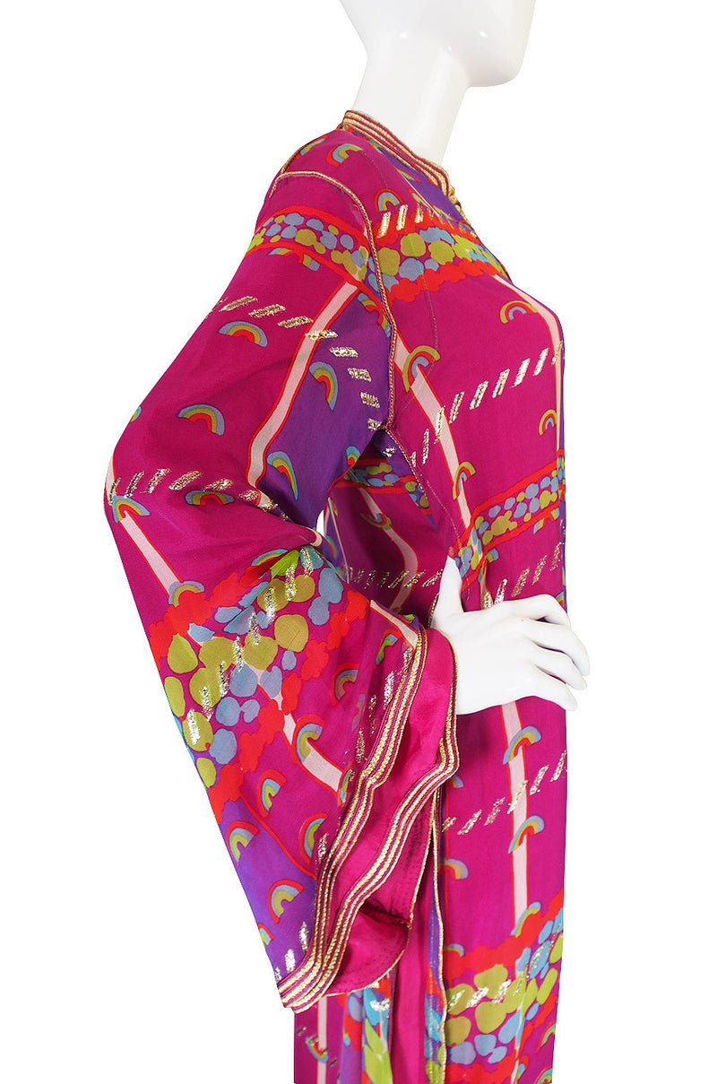 1960s Vivid Pink Silk and Gold Braid Rainbow Caftan