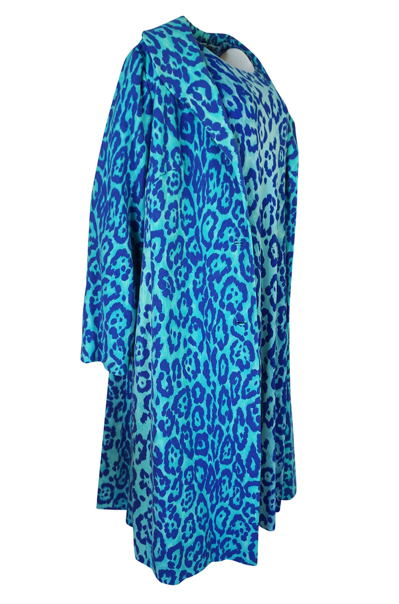 1970s La Mendola Silk Jersey Blue Print Dress & Knit Jersey Coat Set
