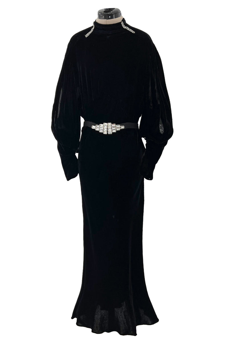 Stunning 1930s Black Bias Cut Silk Velvet Dress w Rhinestone Detail & Brilliant Belt