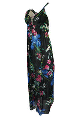 1960s Unlabeled Bright Floral Print On Black Nylon Lingerie Dress