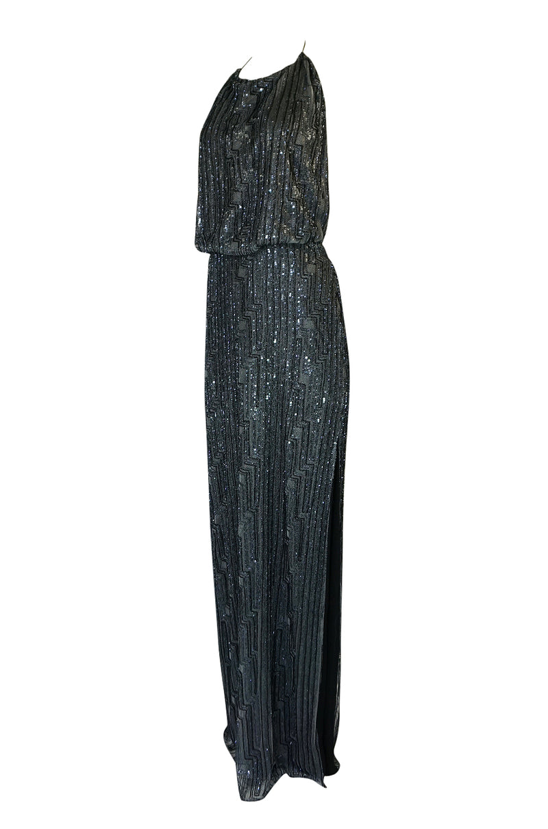 c.1998 Richard Tyler Couture Backless Silver Beaded Dress