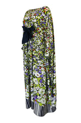 1970s Lanvin Floral Printed Fluid Jersey Ribbon Front Caftan Dress