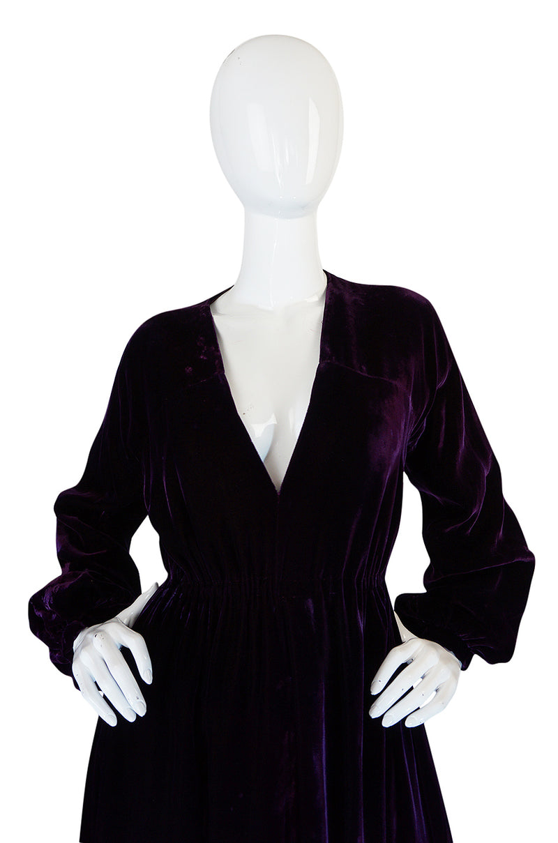 1970s Halston Rich Purple Velvet Deep Plunge Dress