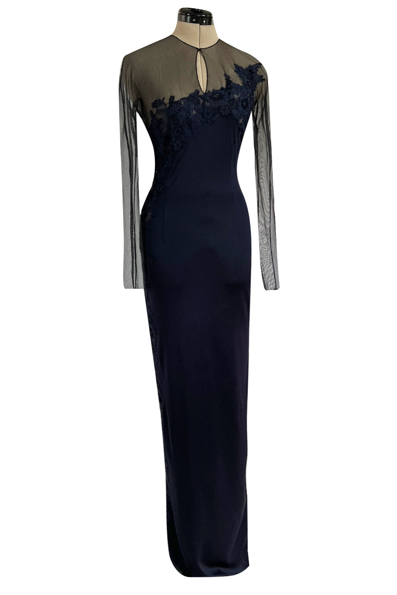 Chanel navy blue sequinned mini dress with lace collar and satin bow, C.  1987