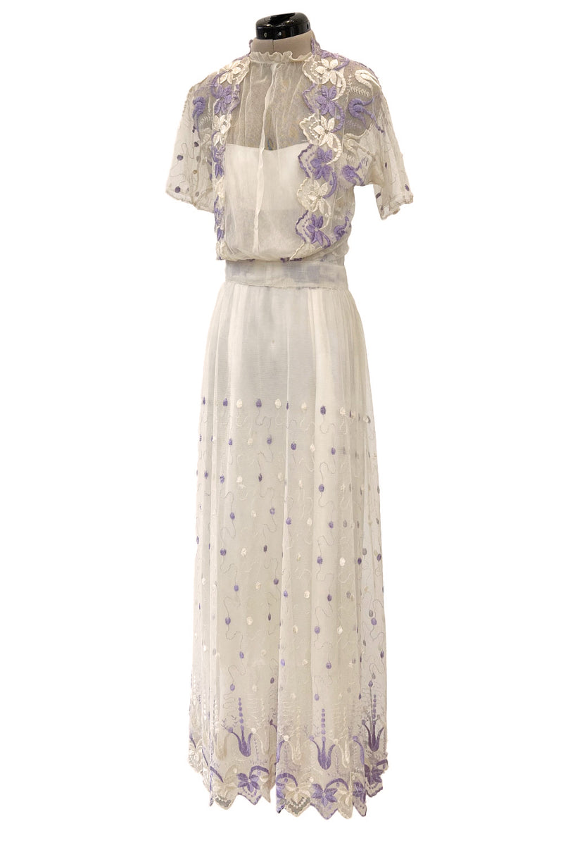 Ethereal 1930s Ivory Silk Tulle Net Dress w Pale Lavender & Cream Floral Embroidery