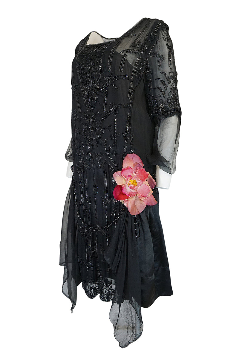 Teens or Early 1920s Unlabeled Sequin & Bead on Silk Chiffon Dress