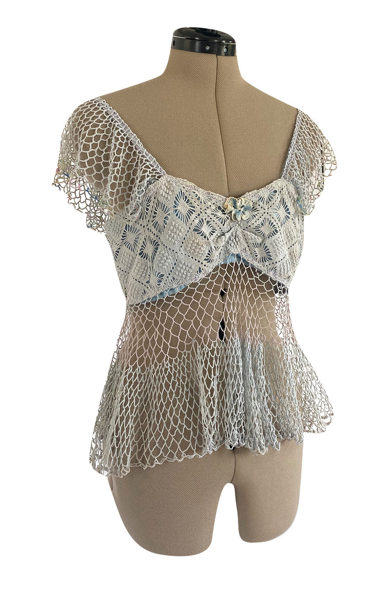 1960s Handmade Crocheted Crop Top in Blue & Pale Pink w Ruffled Cap Sleeve and Body