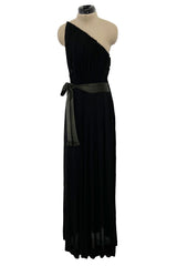Fabulous Late 1970s James Galanos Intricate Flute Pleated Black Silk Jersey One Shoulder Dress