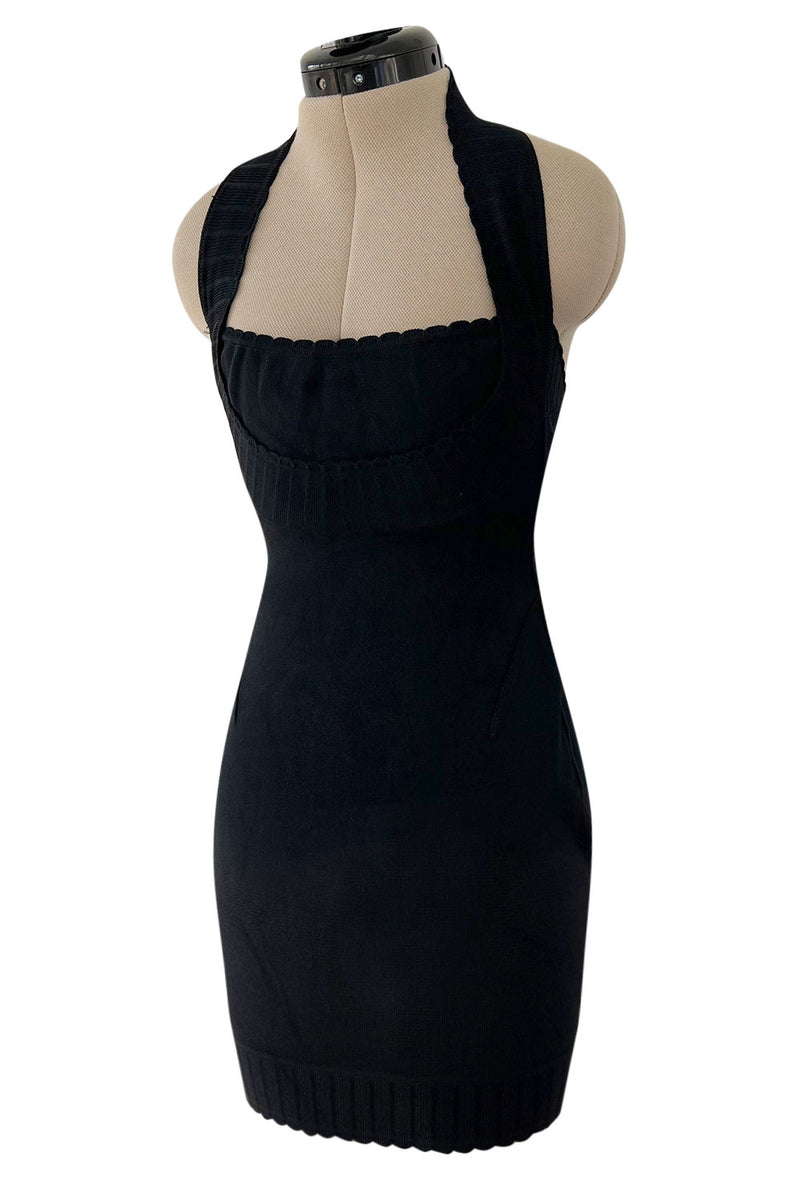 Documented Spring 1992 Azzedine Alaia Black Knit Mini Dress w Curving Halter Neckline