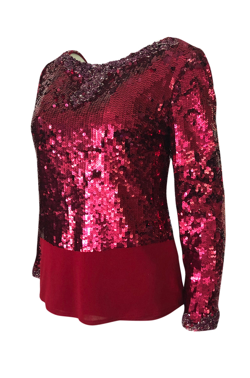 1980s Bill Blass Couture Red Sequin & Bead Deep Low V Back Top
