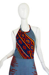 1970s Coral Printed Blue Jersey Halter Maxi Dress
