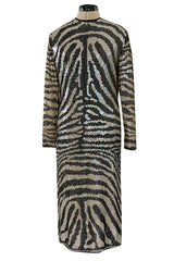 Iconic Late 1970s Halston Rare Iridescent Gold & Black Sequin Tiger Print Dress