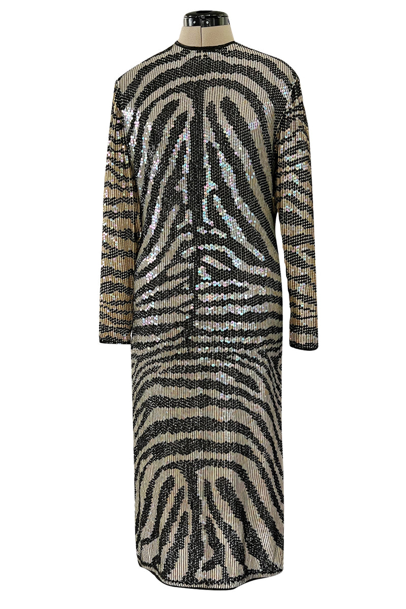 Iconic Late 1970s Halston Rare Iridescent Gold & Black Sequin Tiger Print Dress