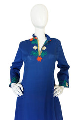 1960s Arts & Crafts Yarn Embroidered Blue Cotton Caftan