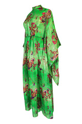 1970s Mollie Parnis Kimono Sleeve Printed Green Silk Dress