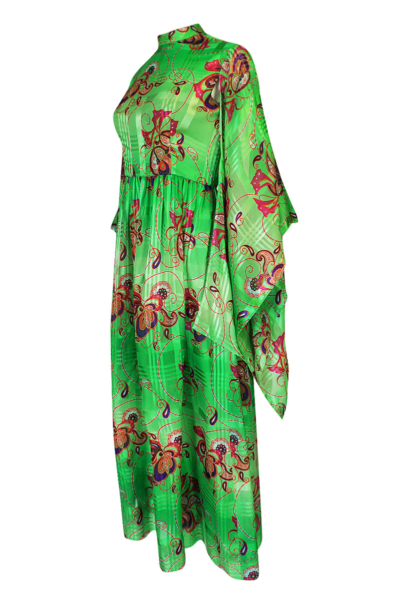 1970s Mollie Parnis Kimono Sleeve Printed Green Silk Dress