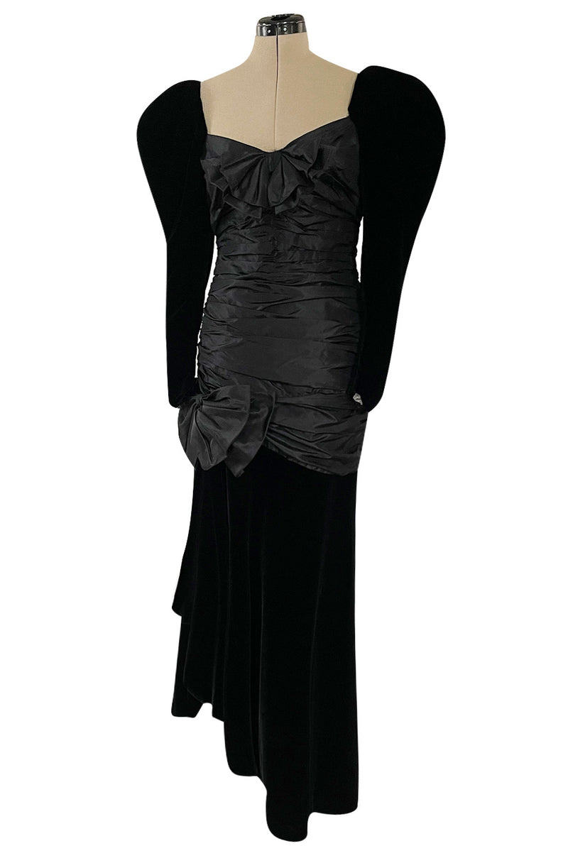 Dramatic 1980s Nina Ricci Black Velvet & Silk Taffeta Dress w Fabulous Sleeves & Slit Skirt