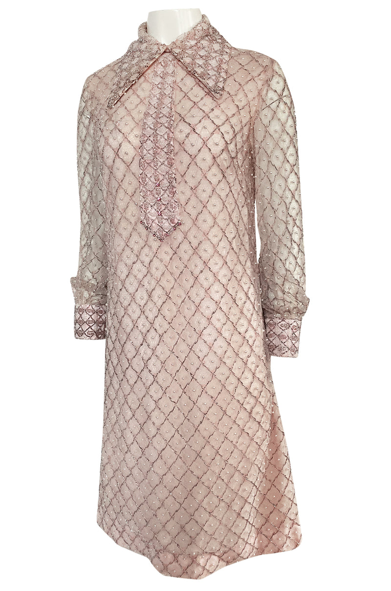 1960s Valentina Inc Pink Beaded Shift Dress w Front Collar Detailing