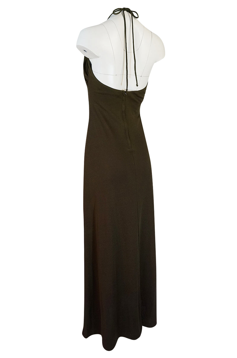 1970s Joy Stevens Embroidered Brown Jersey Halter Dress