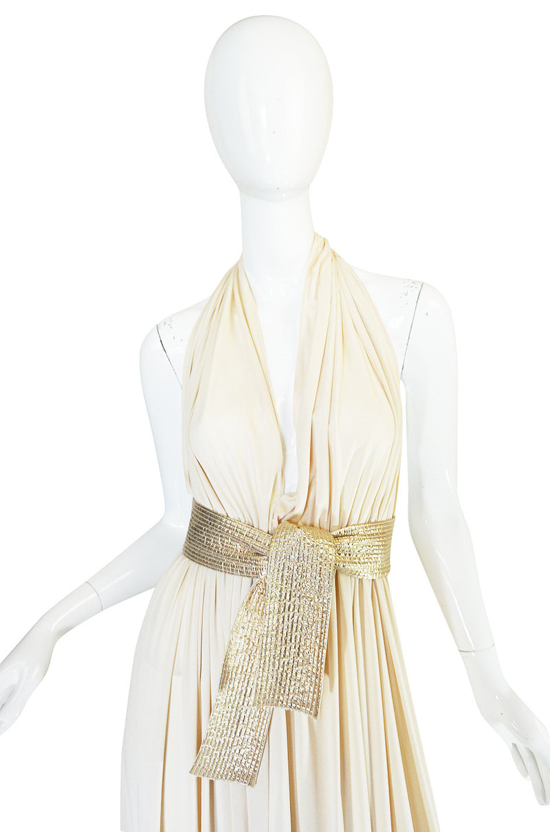 1980 Bill Tice Cream & Gold Backless Jersey Plunge Gown