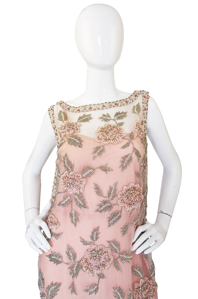 1960s French Hand Bead & Rhinestone Net Gown