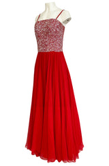 1960s Unlabeled Red Silk Chiffon & Sequin Dress w Matching Cape