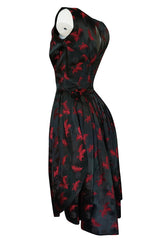 1950s Unlabelled Red & Black Aisian Silk 'Feather' Dress