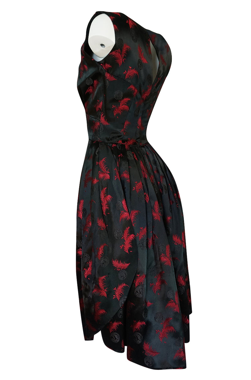 1950s Unlabelled Red & Black Aisian Silk 'Feather' Dress