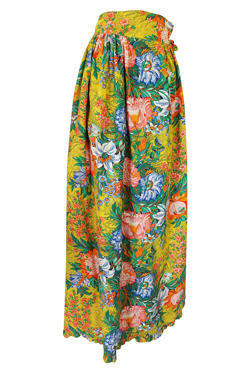 1970s Stephen Burrows Floral Cotton Print Wrap Maxi Skirt
