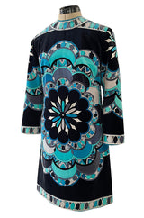 Gorgeous 1960s Emilio Pucci Velvet Dress in Ocean Blues & Classic Circle Print