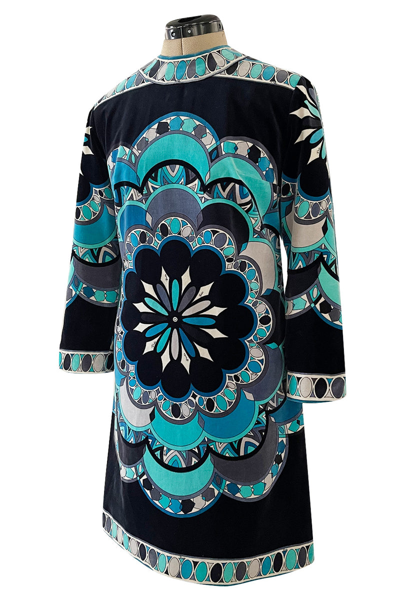 Gorgeous 1960s Emilio Pucci Velvet Dress in Ocean Blues & Classic Circle Print