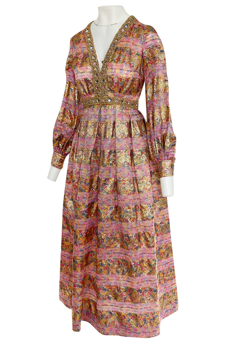 1960s Possible OLDR Metallic Pink & Gold Organza Dress w Gold Braid & Rhinestones