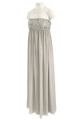 Spring 2006 Reem Acra Pale Grey Silk Chiffon Silver Rhinestone Beaded High Bodice Dress