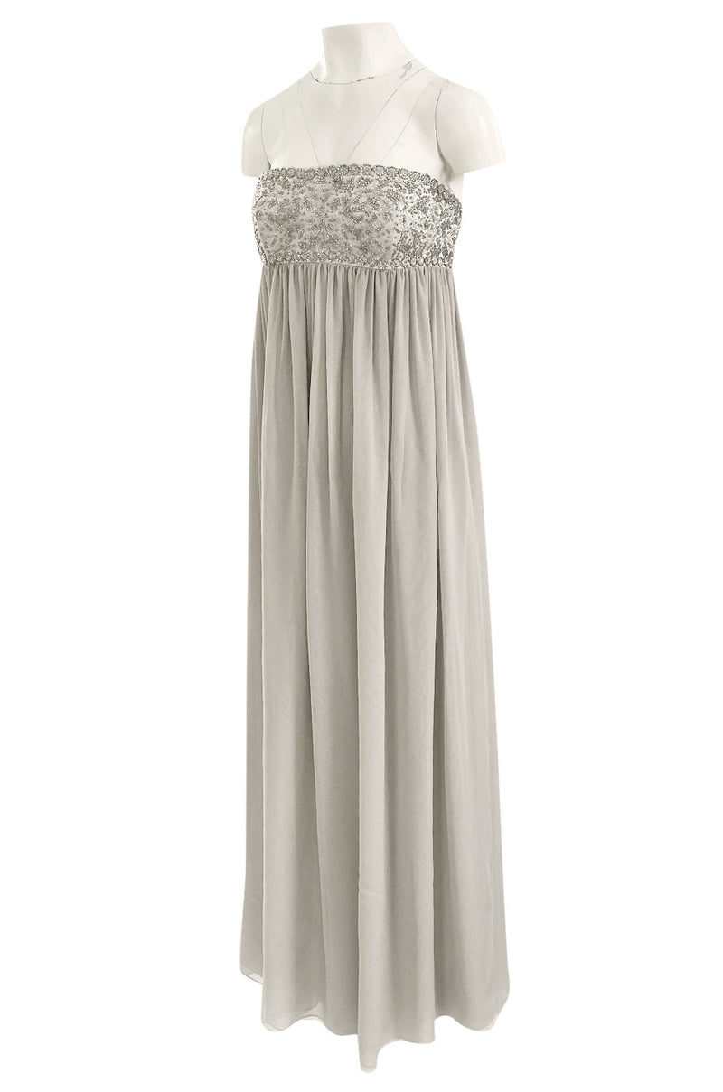 Spring 2006 Reem Acra Pale Grey Silk Chiffon Silver Rhinestone Beaded High Bodice Dress
