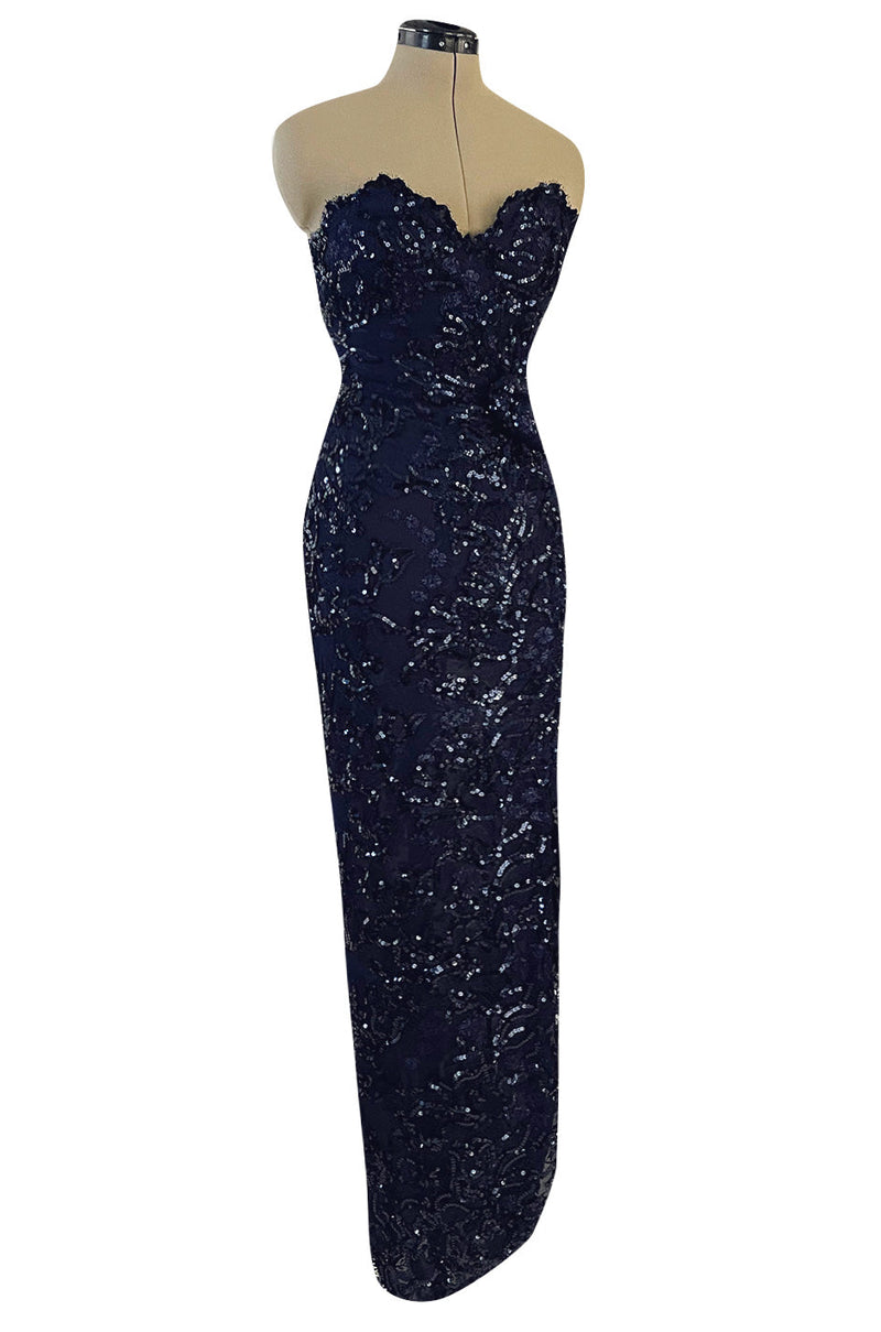 Extraordinary Spring 1984 John Anthony Couture Strapless Blue Sequin Detailed Netted Lace Dress