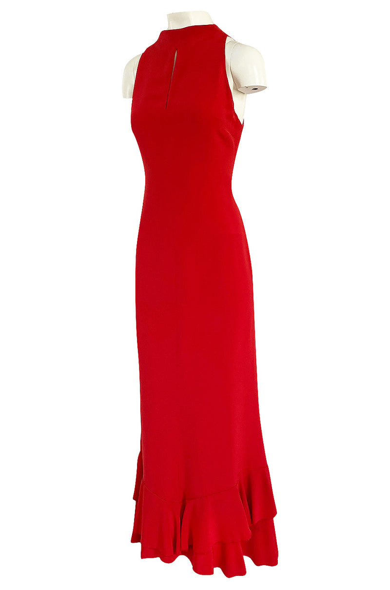 Sleek 1990s Valentino Classic Red Dress w Slit Front Detail & Tiered Ruffled Hem